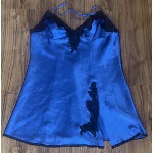 Vintage Frederick’s Of Hollywood Slip Chemise Blue W‎ Black Lace Medium